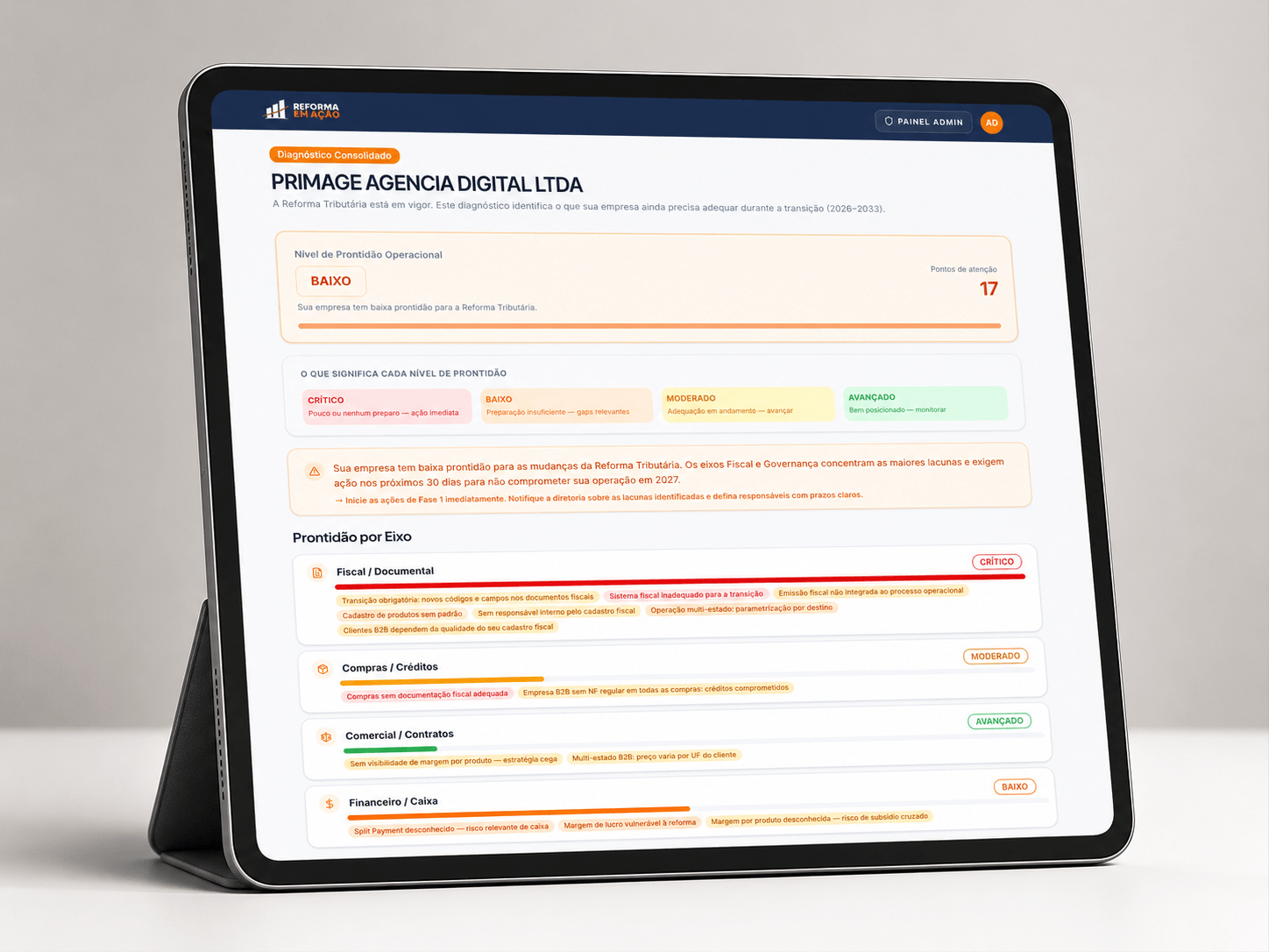 Plataforma Reforma em Ação rodando em um tablet: diagnóstico com Score de Risco e providências por eixo